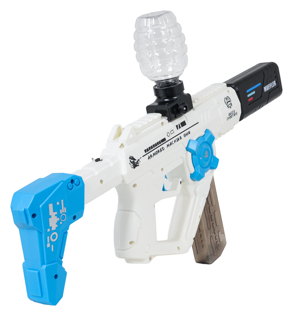 Gel Ball Blaster 3-in-1, balts un zils, skats no otras puses ar želejas bumbiņu tvertni