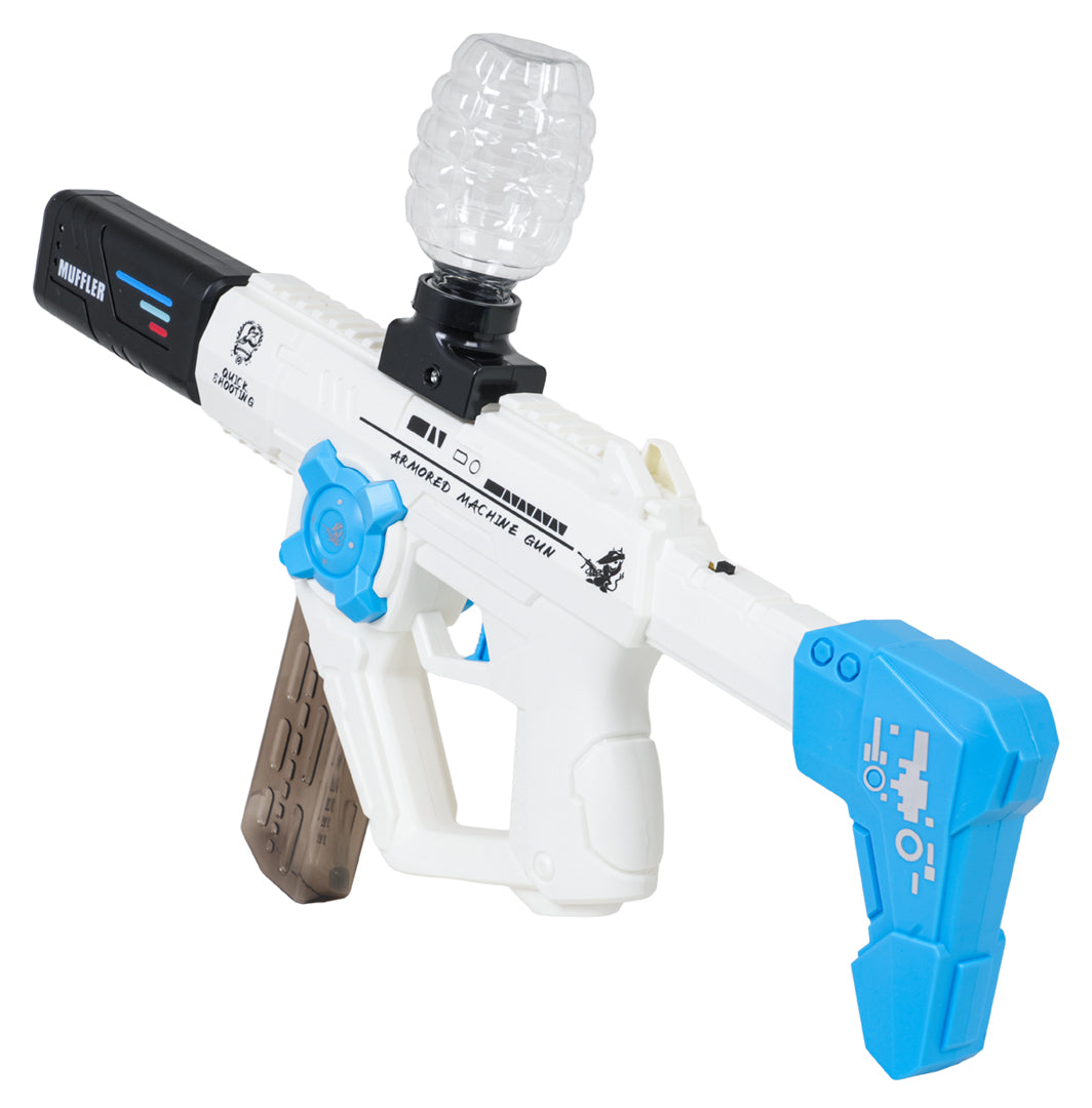 Gel Ball Blaster 3-in-1, balts un zils, skats no aizmugures ar želejas bumbiņu tvertni