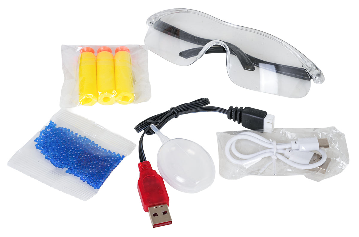 Gel Ball Blaster 3-in-1 piederumu komplekts ar želejas bumbiņām, putu lodītēm, aizsargbrillēm un USB uzlādes kabeļiem