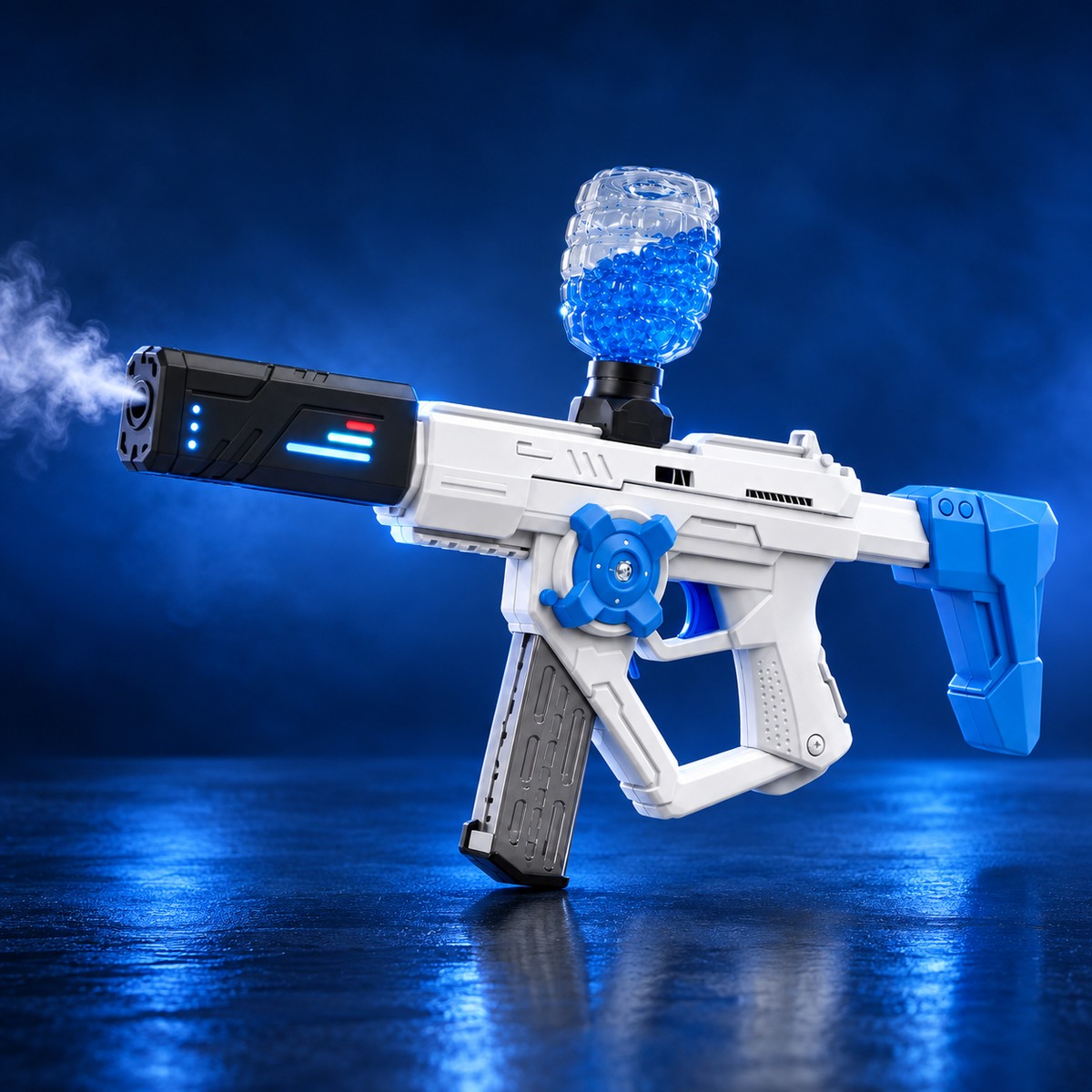 Gel Ball Blaster ar dūmu efektu un želejas bumbiņu tvertni, balts un zils