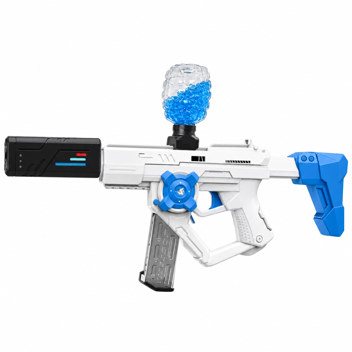 Gel Ball Blaster ar dūmu moduli un želejas bumbiņu tvertni, balts un zils