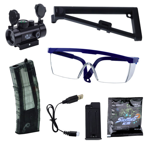 MK7 ūdens lodīšu pistoles komplekta piederumi — tēmēklis, aizsargbrilles, aptvere, USB lādētājs, akumulators un lodītes