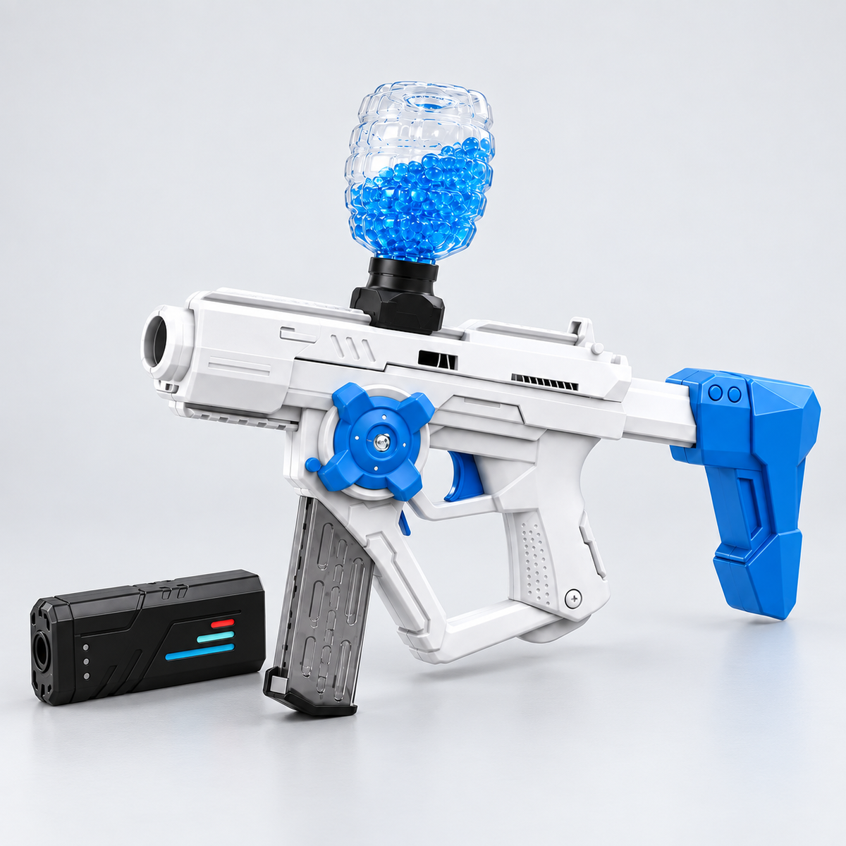 Gel Ball Blaster ar noņemamu dūmu moduli un želejas bumbiņu tvertni, balts un zils
