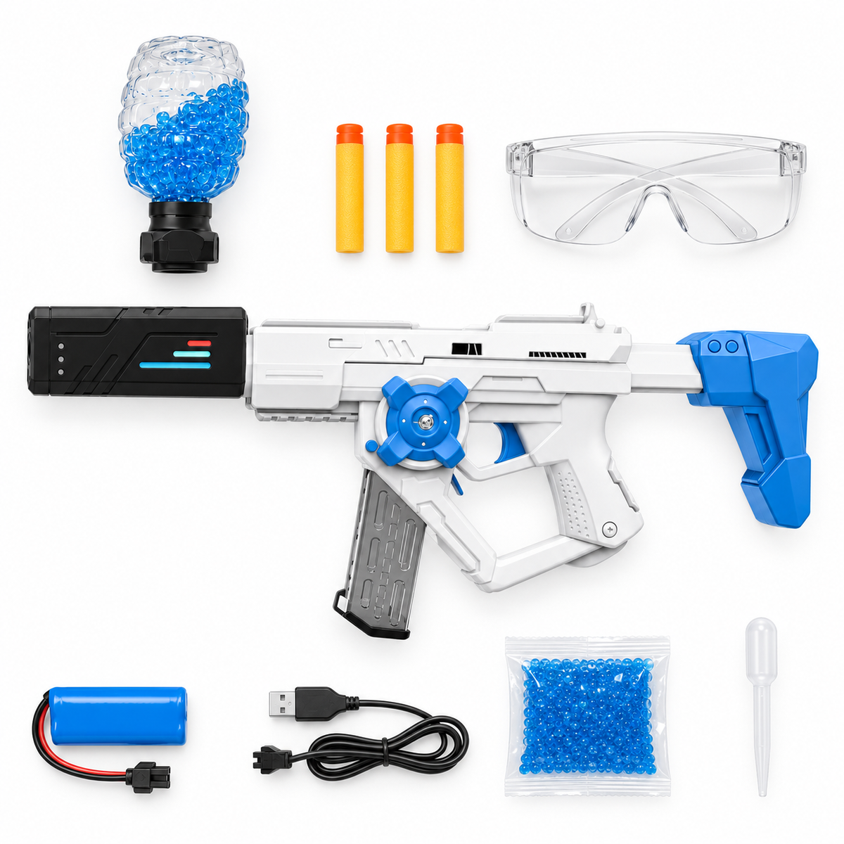 Gel Ball Blaster želejas bumbiņu pistole ar putu šautriņām un aizsargbrillēm, balta un zila