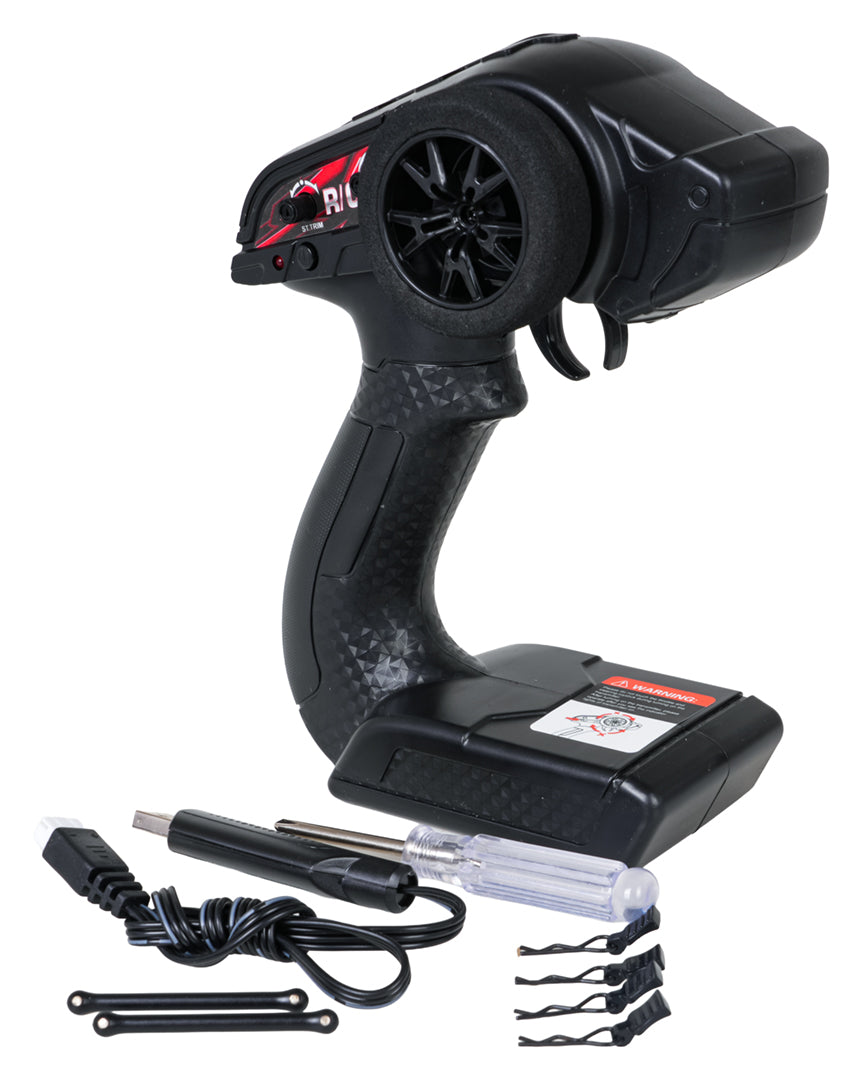 HOSPEED STORM V26 radiovadāmā bezceļu auto komplekta piederumi ar 2,4 GHz pistoles tipa tālvadības pulti, USB uzlādes kabeli, skrūvgriezi un virsbūves stiprinājumiem