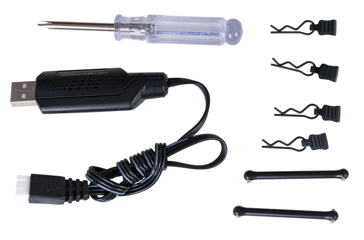 HOSPEED STORM V26 radiovadāmā bezceļu auto komplekta piederumi ar USB akumulatora uzlādes kabeli, skrūvgriezi, četriem virsbūves stiprinājumiem un divām rezerves detaļām