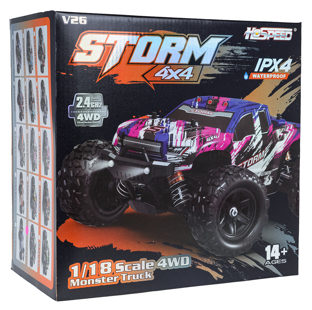 HOSPEED STORM V26 radiovadāms bezceļu monster truck auto mērogā 1:18 ar 4x4 pilnpiedziņu, 2,4 GHz vadību, lielām bezceļu riepām un IPX4 ūdensizturību, oriģinālajā iepakojumā