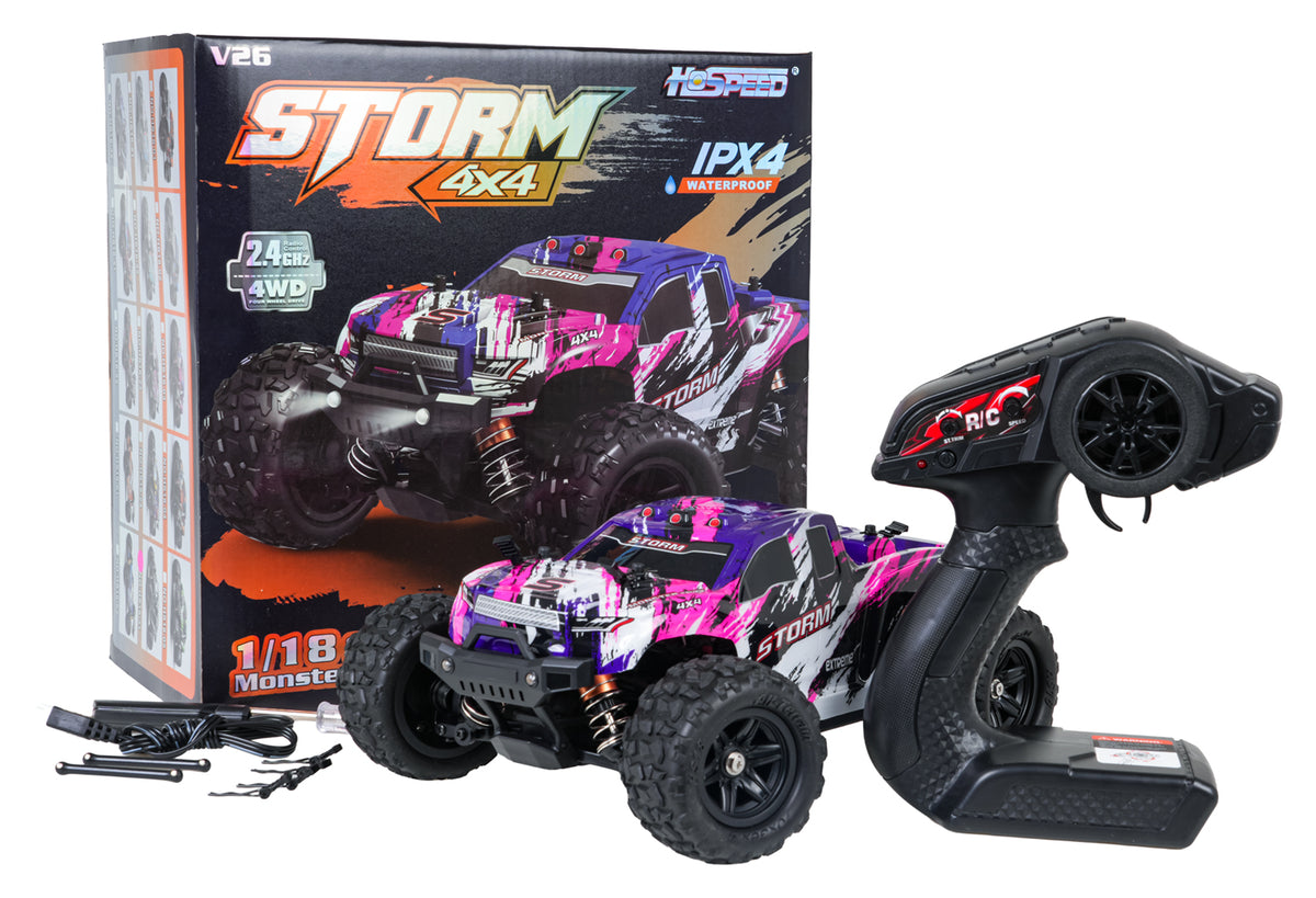 Rozā un violets HOSPEED STORM V26 RC apvidus auto 1:18 ar lielām gumijas riepām, tālvadības pulti, USB kabeli un oriģinālo iepakojumu