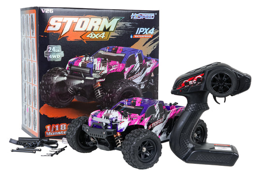 Rozā un violets HOSPEED STORM V26 RC apvidus auto 1:18 ar lielām gumijas riepām, tālvadības pulti, USB kabeli un oriģinālo iepakojumu