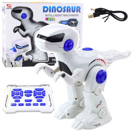 Tālvadāms dinozaura robots — balts T-Rex ar pulti un USB kabeli
