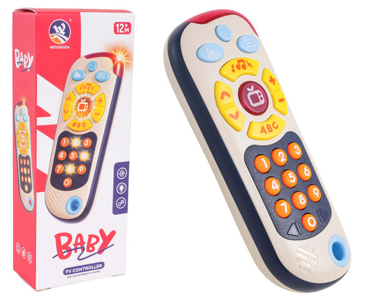 Interaktīvā bērnu rotaļu pults ar gaismas un skaņas efektiem, kaste fonā