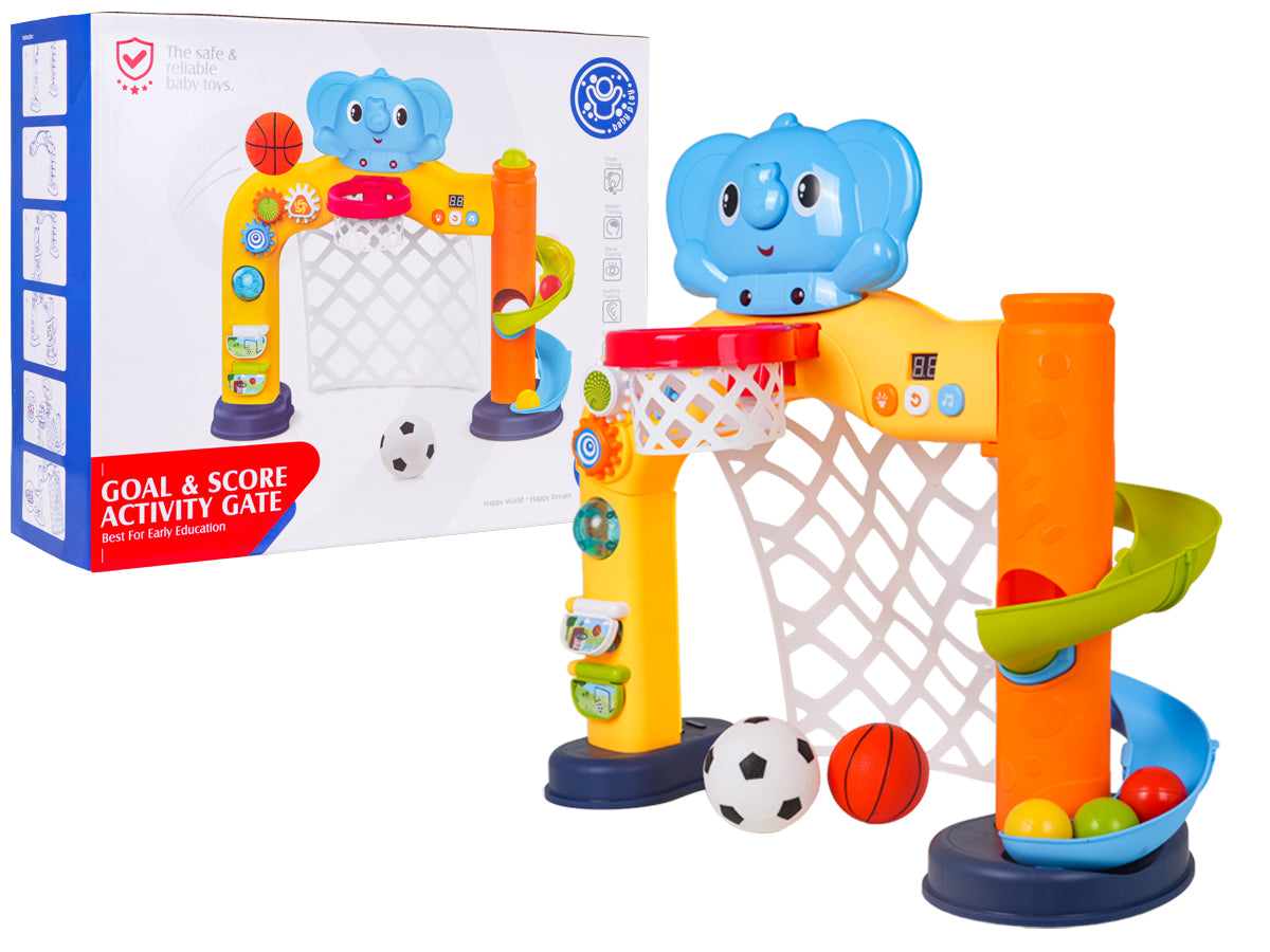 Interaktīvi bērnu sporta vārti ar basketbola grozu, ziloni, bumbām, skaņu un gaismu