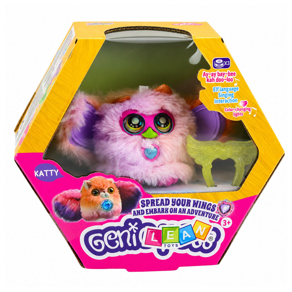 Interaktīvs pūkains L-Toys Genie Pets Katty briesmonītis violetā un rozā krāsā ar lielām acīm, kustīgām ausīm, gaismas un skaņas efektiem, komplektā ar burvju aksesuāru, oriģinālajā iepakojumā