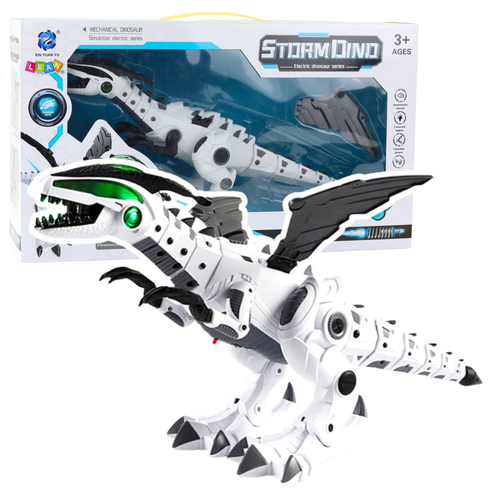 Interaktīvs balts dinozaura robots ar LED gaismām un skaņas efektiem