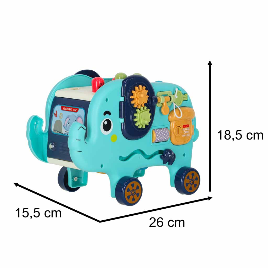 Interaktīvs Montessori zilonītis 26 × 15,5 × 18,5 cm ar aktivitāšu elementiem un riteņiem
