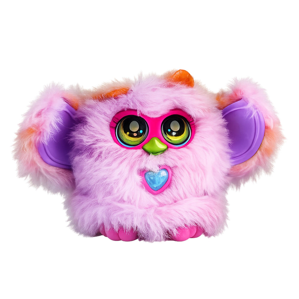 Interaktīvs pūkains L-Toys Genie Pets briesmonītis violetā un rozā krāsā ar lielām acīm, kustīgām ausīm un sirsniņas formas pogu uz vēdera