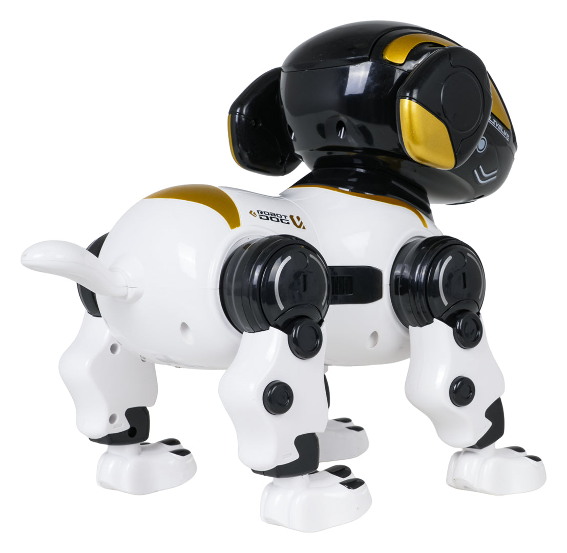 Interaktīvs robots suns baltā un melnā krāsā ar zelta akcentiem — aizmugures skats no otras puses
