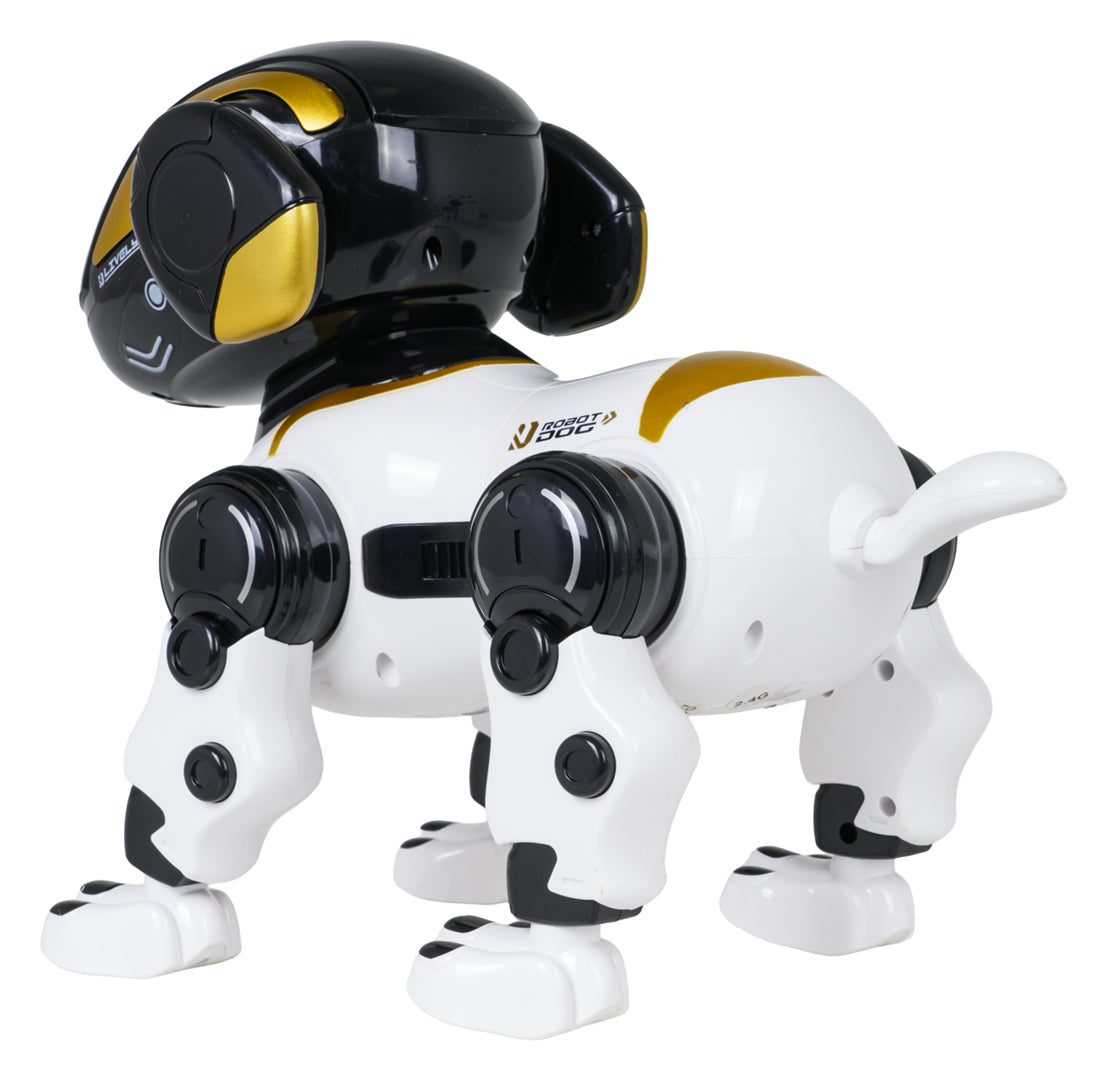 Interaktīvs robots suns baltā un melnā krāsā ar zelta akcentiem — aizmugures skats