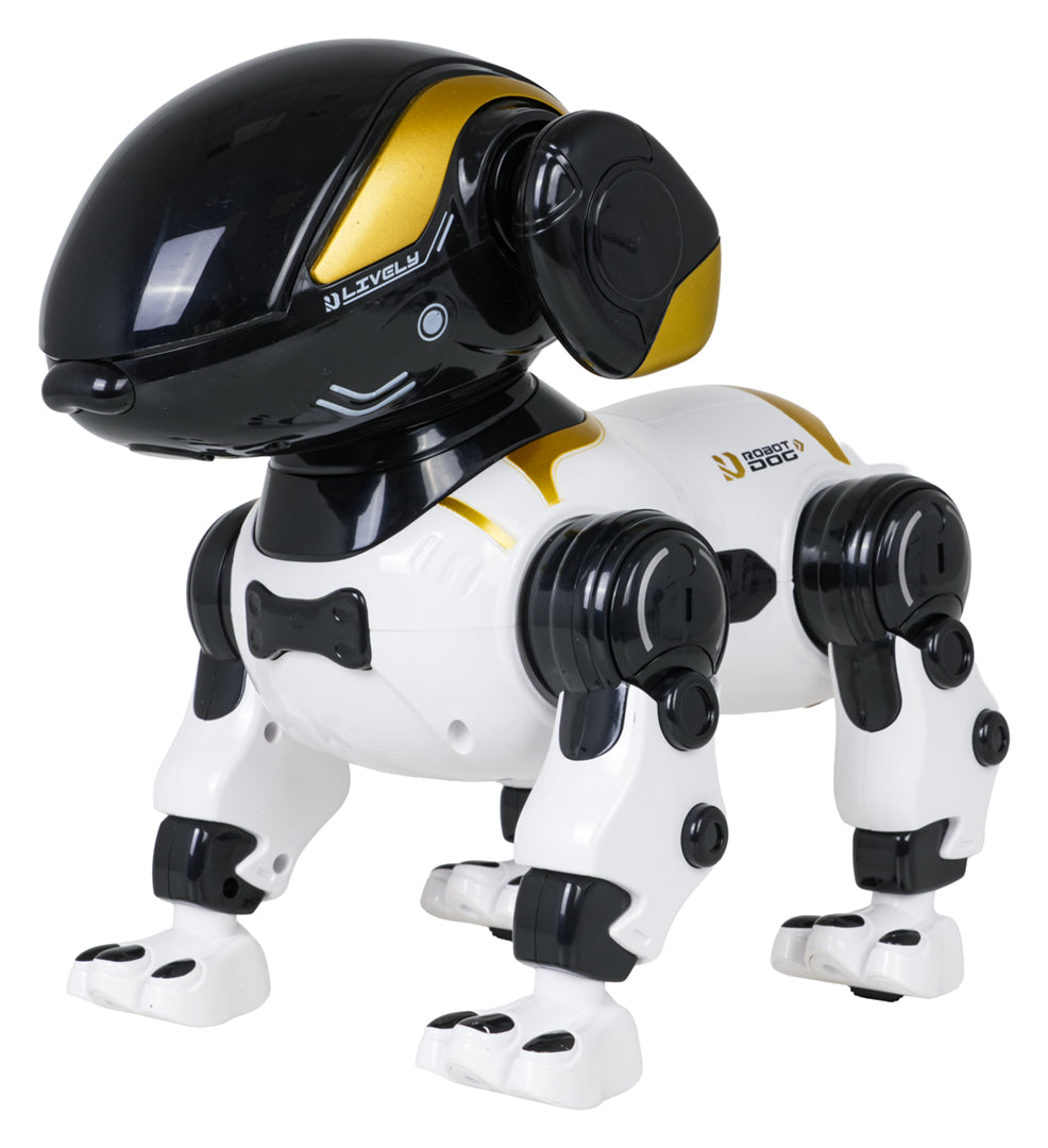 Interaktīvs robots suns baltā un melnā krāsā ar zelta akcentiem