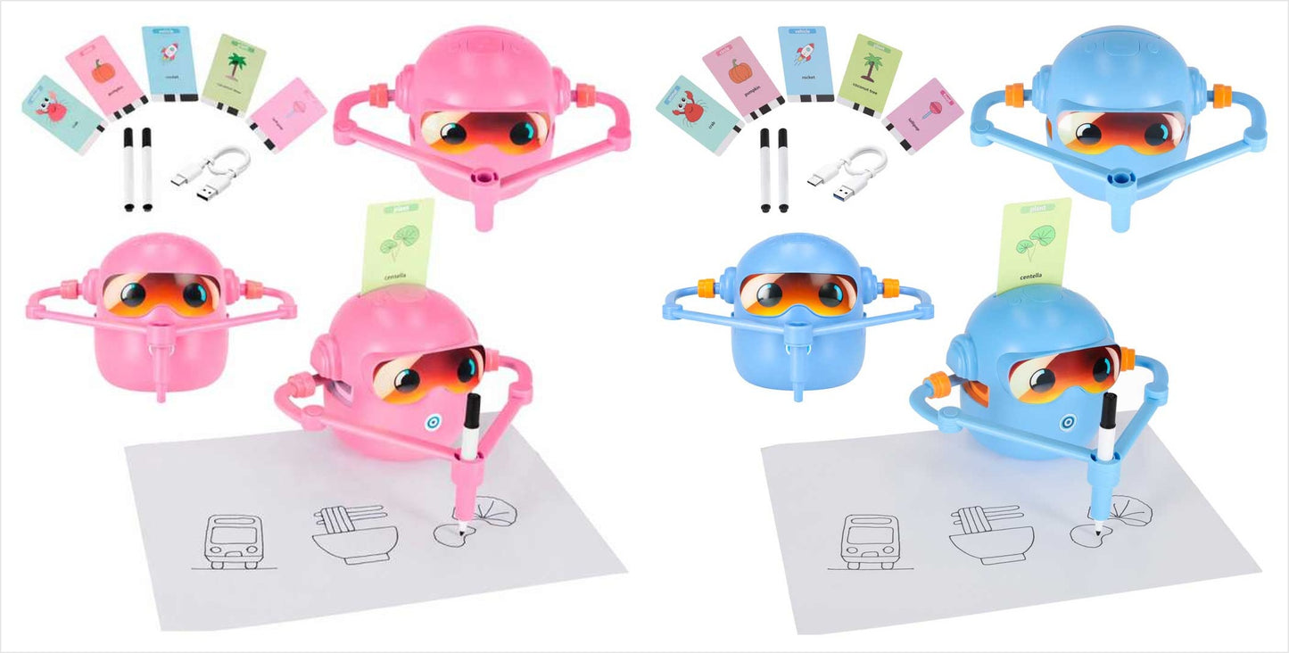 Interaktīvs zīmēšanas robots bērniem rozā un zilā krāsā ar kartītēm un flomāsteriem