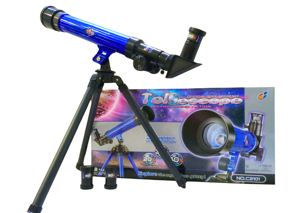 Zils bērnu teleskops ar 50 mm objektīvu, 20x-40x palielinājumu, fokusēšanas funkciju un stabilu statīvu, izglītojoša rotaļlieta astronomijas novērojumiem bērniem.