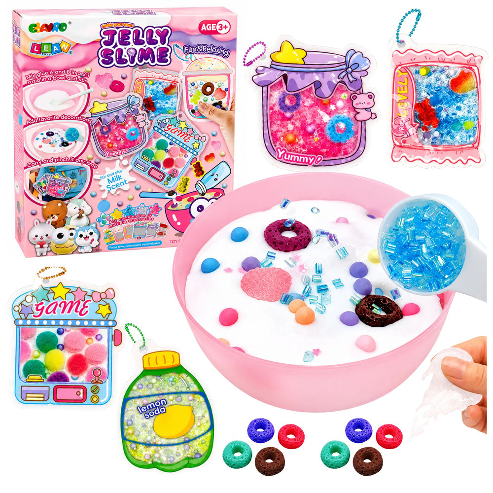 Jelly slime veidošanas komplekts bērniem ar līmēm, aktivatoriem, bļodu, rotājumiem un dekoratīviem kuloniem