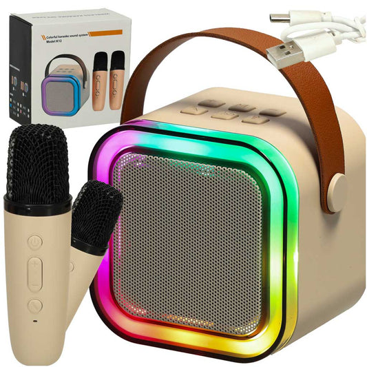 Karaoke komplekts bērniem – bēšs Bluetooth skaļrunis ar RGB gaismām, divi mikrofoni un USB kabelis