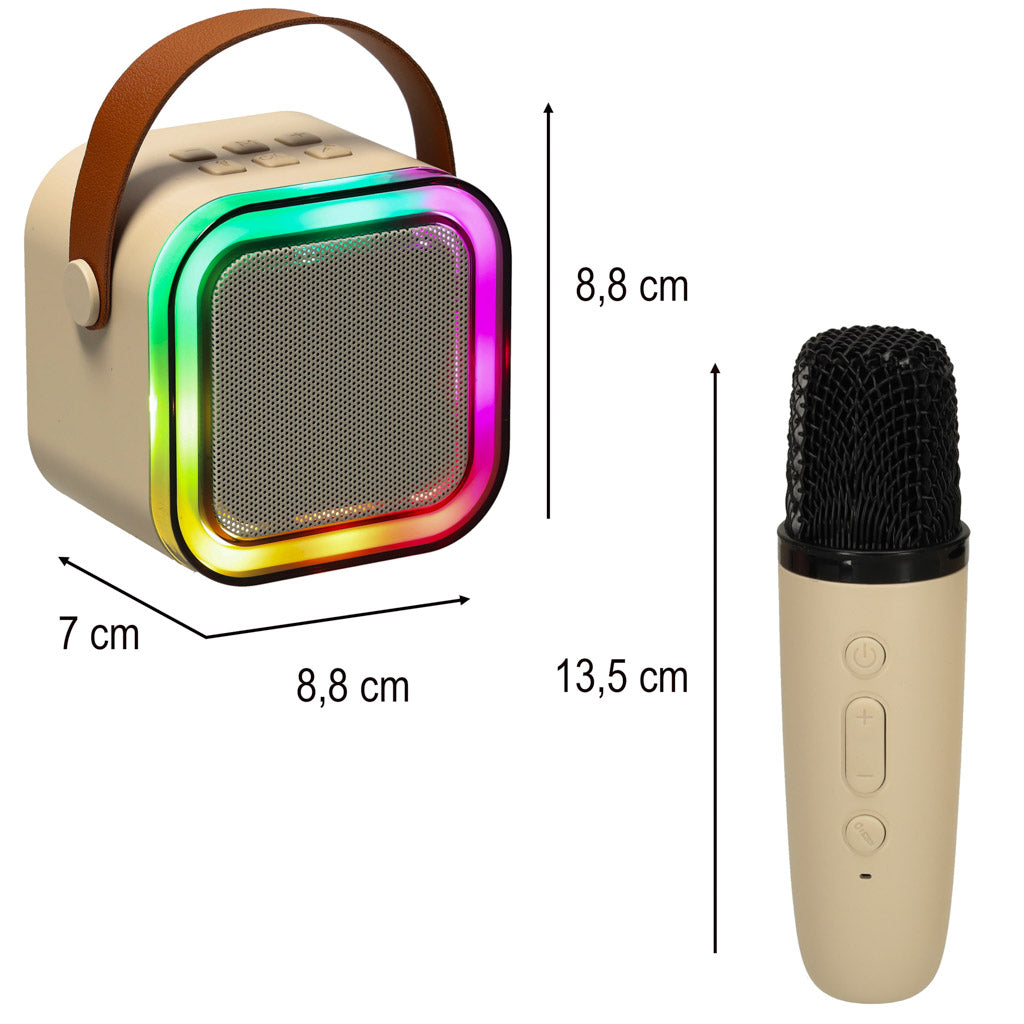 Karaoke skaļrunis ar LED gaismām un mikrofonu, attēloti izmēri centimetros