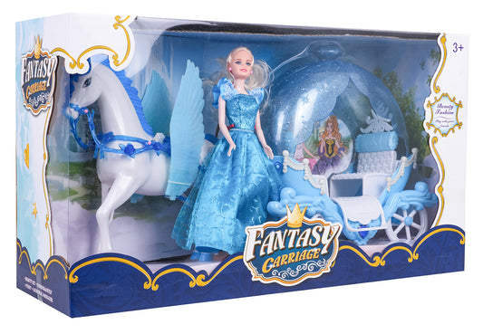 Pasaku kariete ar spārnoto zirgu un lelli zilā kleitā – rotaļlietu komplekts bērniem (3+)