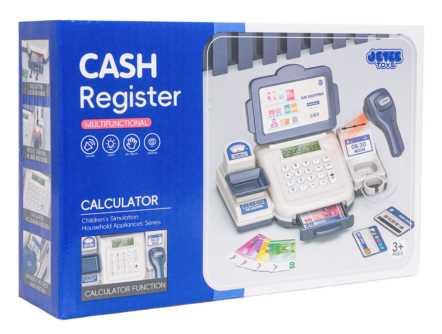 Bērnu kases aparāts ar skeneri, svariem un rotaļu naudu, zilā krāsā
