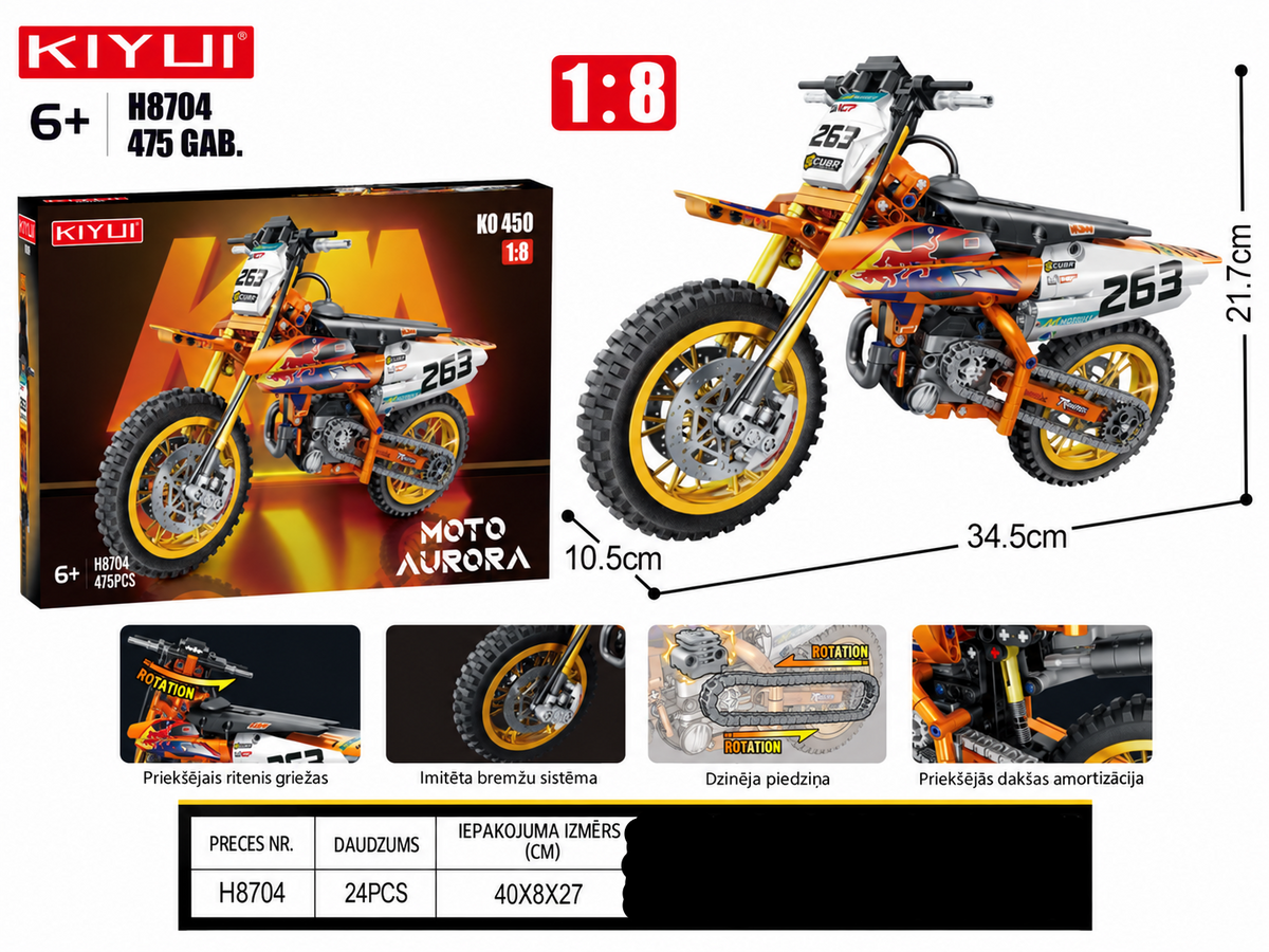 KIYUI krosa motocikla konstruktors 1:8 475 gabali ar ķēdes piedziņu un amortizatoriem