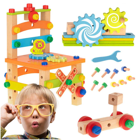 Koka būvkomplekts bērniem ar skrūvēm, skrūvgriezi un atslēgu, 49 gabali