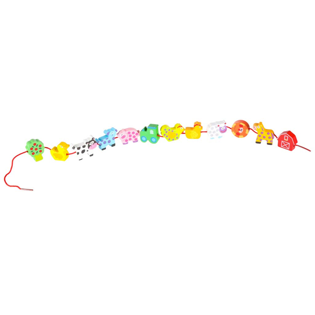 Koka fermas dzīvnieku šņorēšanas rotaļlieta ar uz auklas savērtām figūriņām