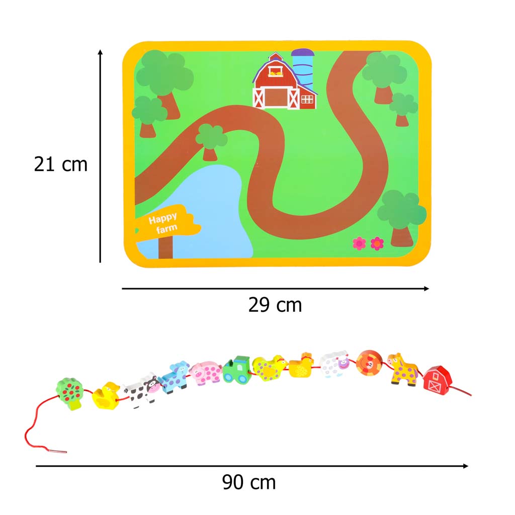 Koka fermas dzīvnieku šņorēšanas rotaļlietas izmēri un komplekta detaļas