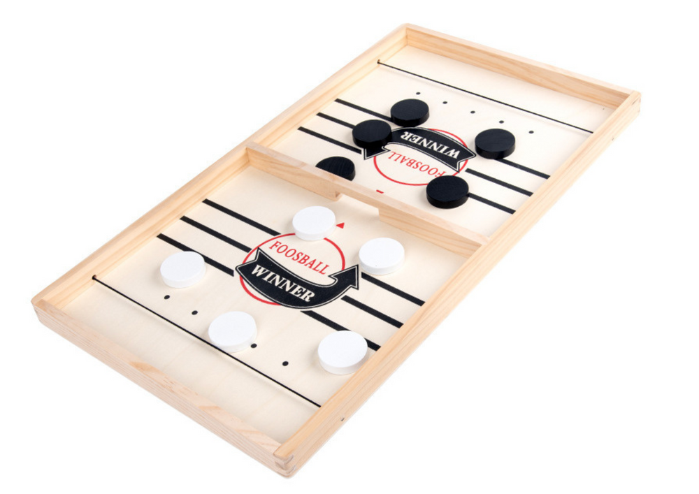 koka galda hokejs pilns komplekts 2 gumijas 10 ripas 5 melnas5 baltas un pamatne 53cm liela