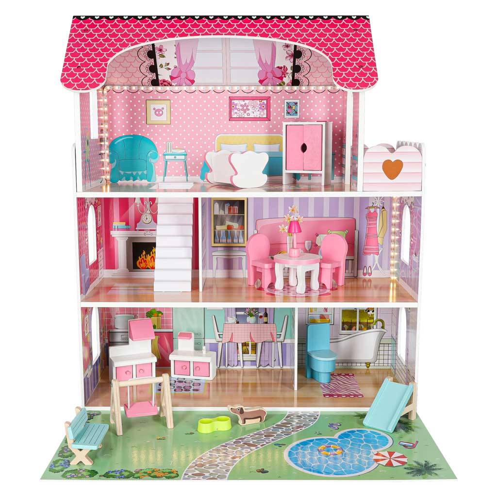 Koka leļļu māja ar LED apgaismojumu, mēbelēm un dārzu – priekšējais skats ar visām telpām