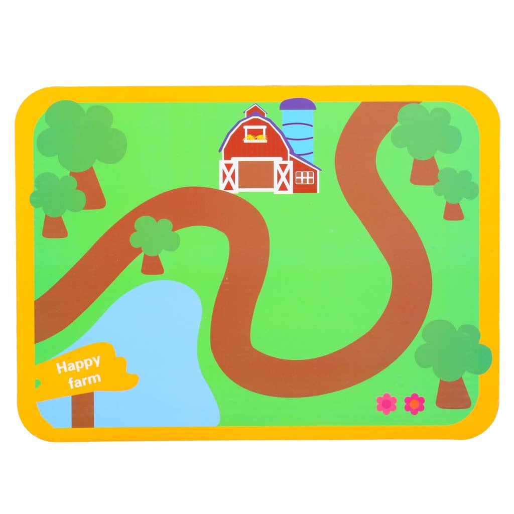 Koka rotaļlietas fermas tematikas spēļu pamatne ar ceļu un fermas ilustrāciju