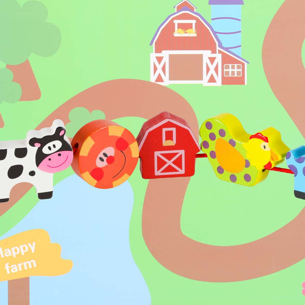 Koka šņorēšanas rotaļlietas fermas dzīvnieku figūriņas uz auklas