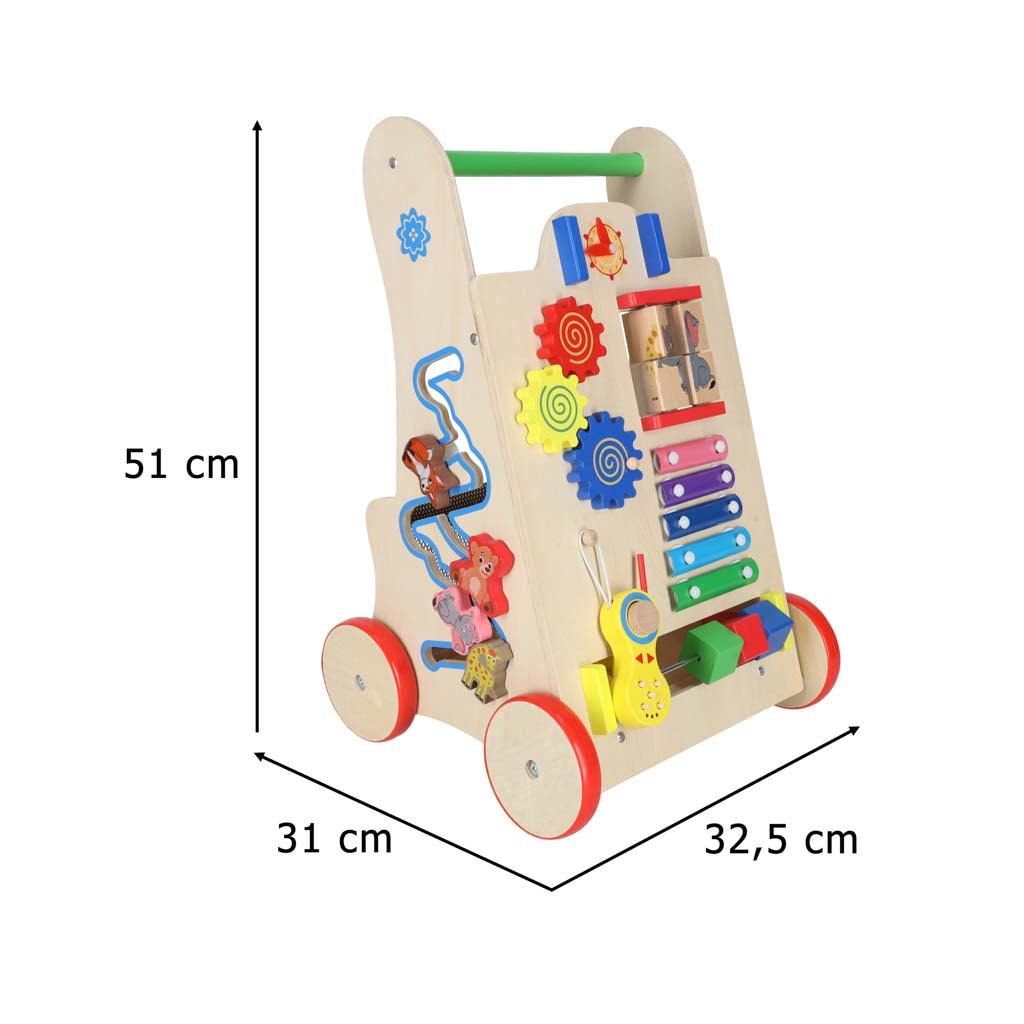 Koka stumjamais staigulis ar aktivitāšu paneli – izmērs 51 × 31 × 32,5 cm