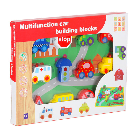 Koka vēršanas rotaļlietas iepakojums ar transporta figūrām un ceļa zīmēm