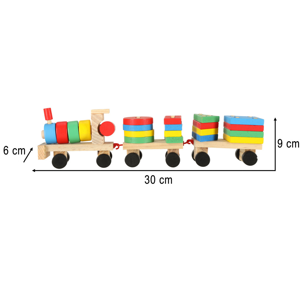 Krāsains koka vilciens ar kluzīšiem un attēlotiem izmēriem 6cmx30cm x9cm uz balta fona