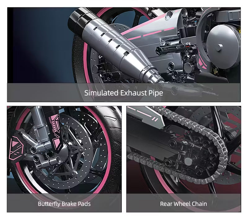 konstruktora motocikla detaļas – izpūtējs, priekšējais bremžu disks un aizmugurējā ķēde