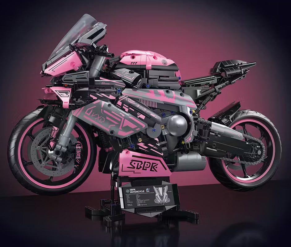 rozā un melns konstruktora sporta motocikls uz statīva