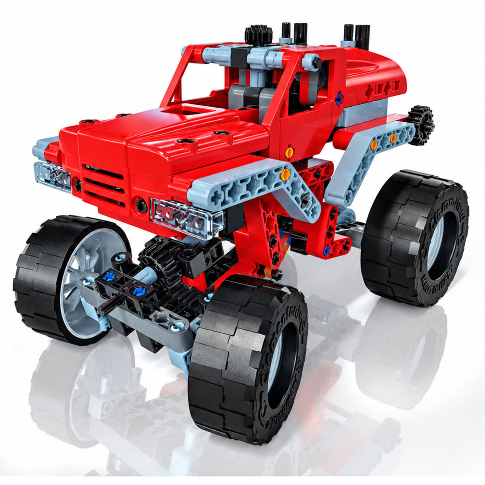 Konstruktors Monster Truck sarkanā krāsā ar lielām riepām — salikts modelis