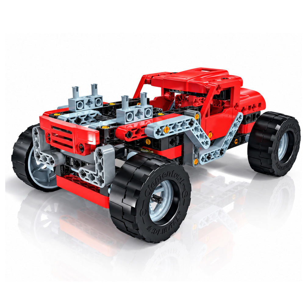 Konstruktors Monster Truck sarkanā krāsā ar atvērtu priekšējo mehānismu — salikts modelis
