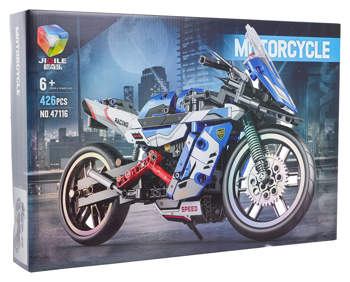 Konstruktors motocikls no klucīšiem, zils, 426 detaļas, iepakojums