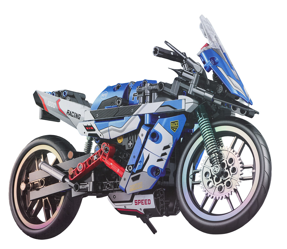 Konstruktors motocikls no klucīšiem, zils, salikts modelis