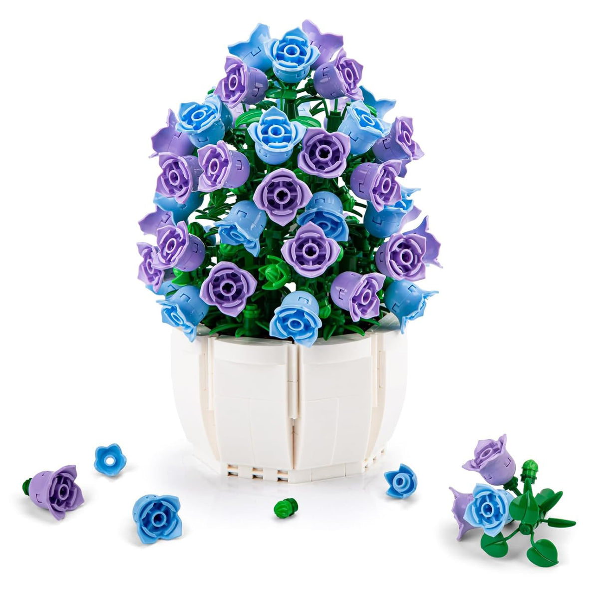 Konstruktors ziedu pušķis podiņā Flower Studio ar zilām un violetām rozēm un papildu detaļām
