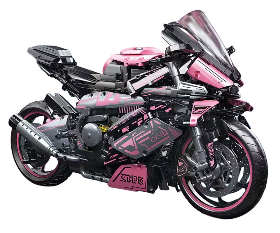 rozā tehniskā konstruktora sporta motocikls ar detalizētām paneļu līnijām