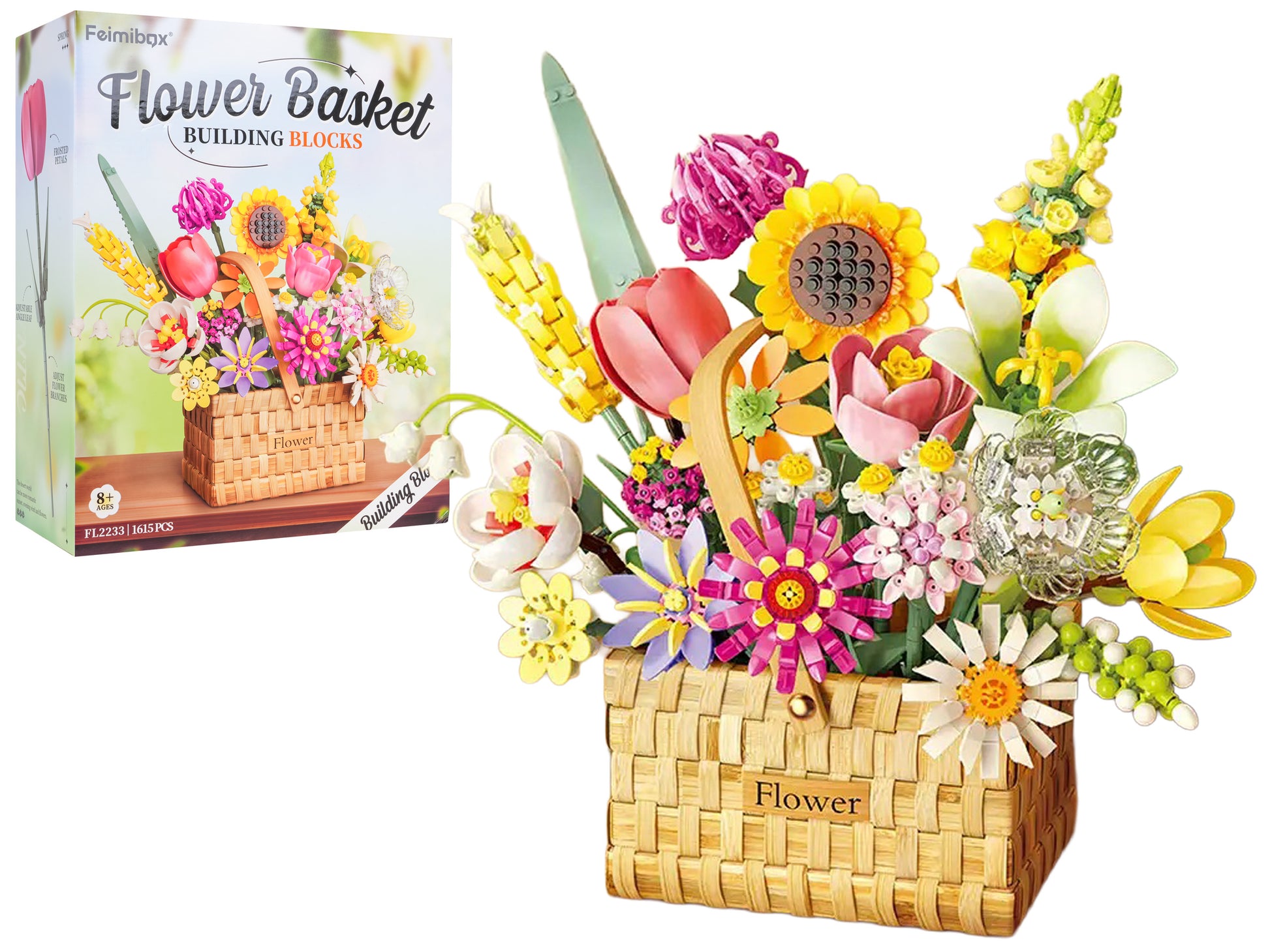 Konstruktoru ziedu grozs ar dažādu krāsu saliekamiem ziediem un iepakojumu